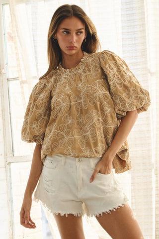 Floral Embroidered Top - Camel
