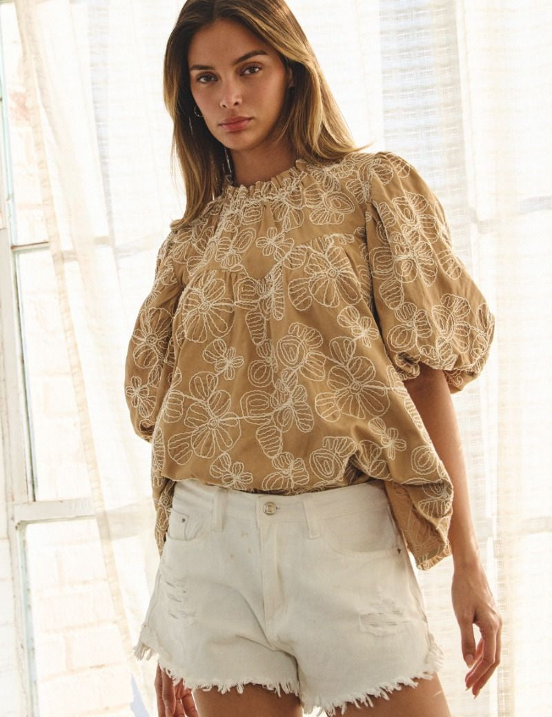 Floral Embroidered Top - Camel