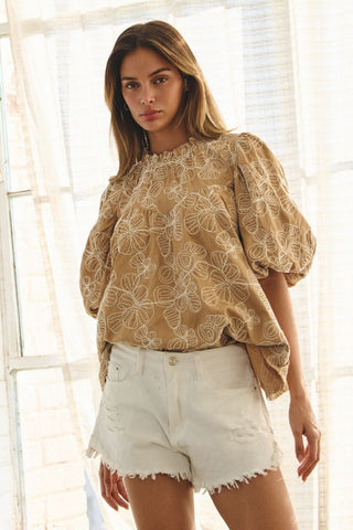 Floral Embroidered Top - Camel