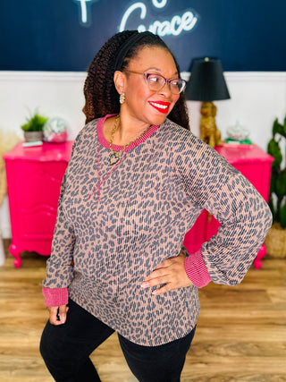 Animal Print Drop Shoulder V-Seam Long Sleeve Top