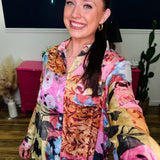 POL Button Down Floral Long Sleeve Top - Rose Brick Multi - FINAL SALE
