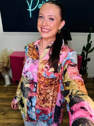 POL Button Down Floral Long Sleeve Top - Rose Brick Multi