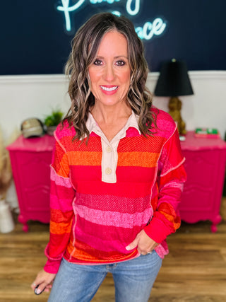 Collared Button Down Striped Knit Top