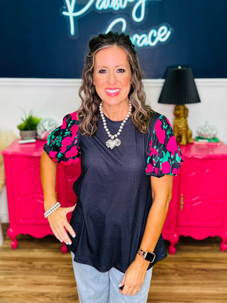 Rosaline Noir Floral Short Puff Sleeve Top