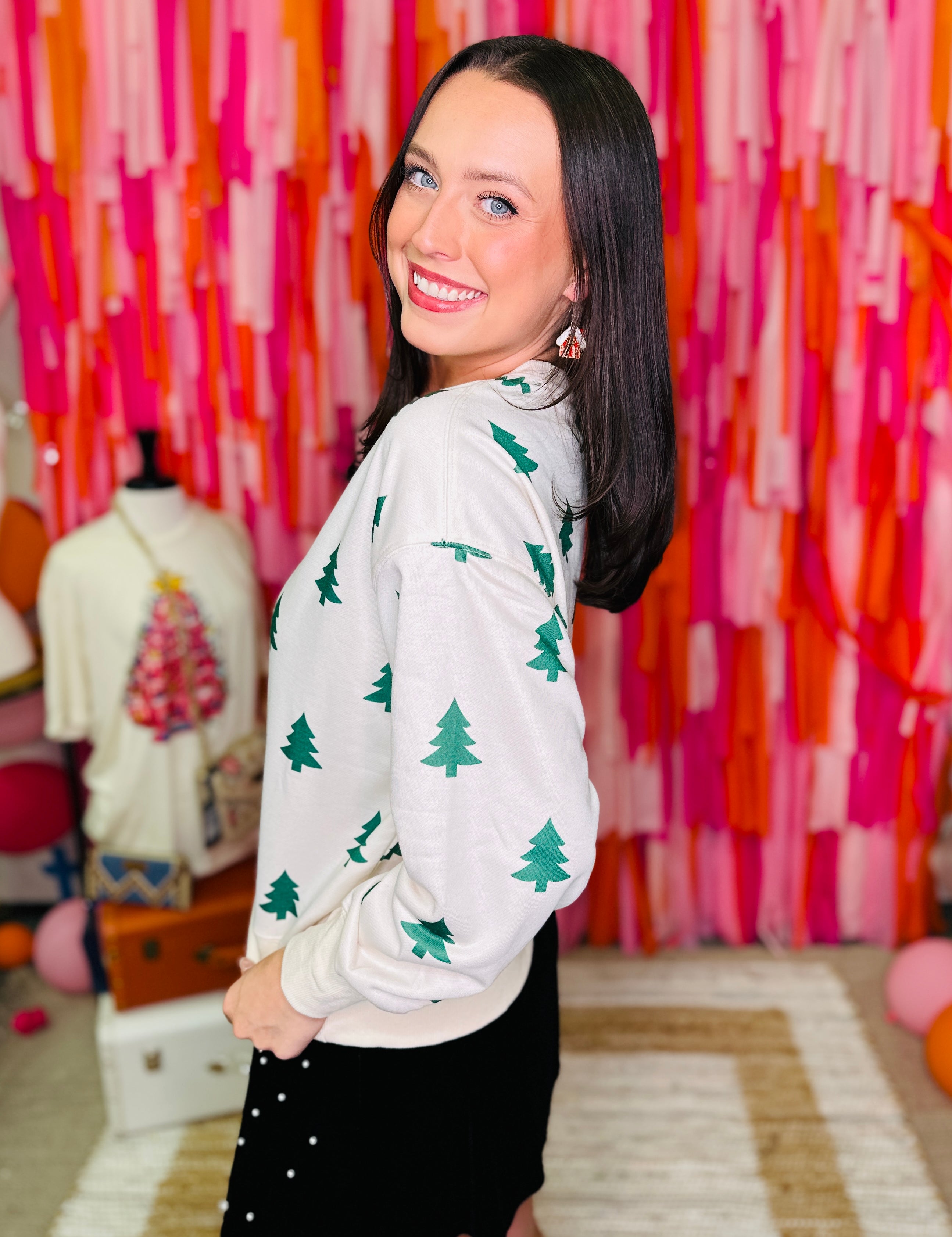 Green trees on Beige Long Sleeve Top  - PREORDER