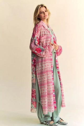 Mesh Print Button Front Maxi Shirt Cover-Up Top  - PREORDER