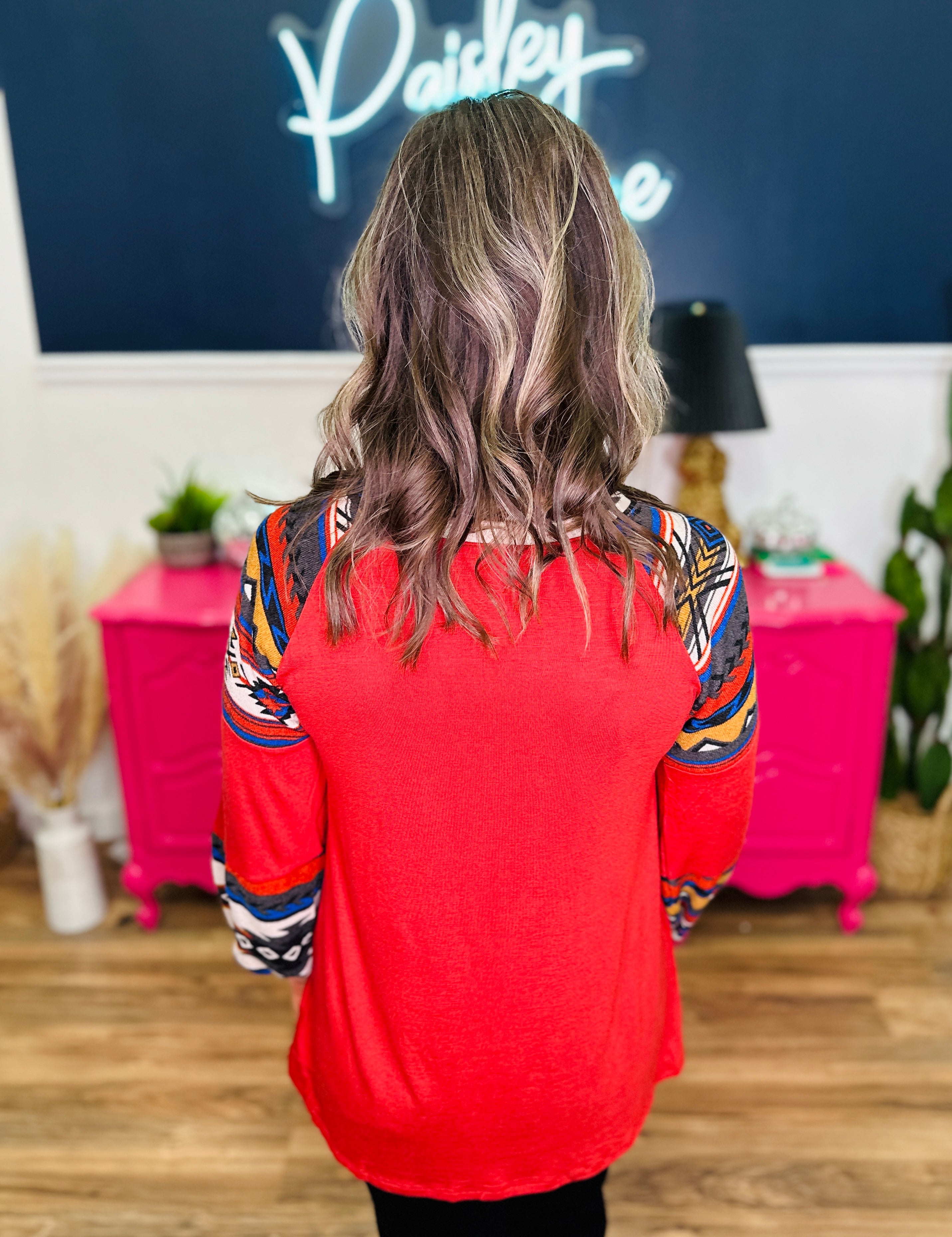 Solid Aztec Print Long Sleeve Top - Rust Aztec - LAST ONES FINAL SALE