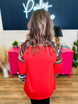 Solid Aztec Print Long Sleeve Top - Rust Aztec