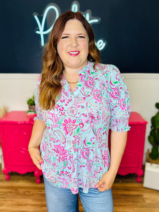 Dear Scarlett Lizzy Smocked Top - Aqua Pink Paisley Floral