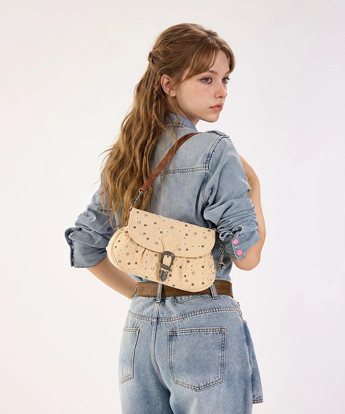 Wrangler Crystal Studded Canvas Saddle Bag - Tan
