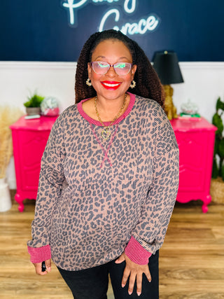 Animal Print Drop Shoulder V-Seam Long Sleeve Top