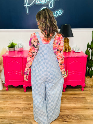 Checkered Pattern Wide Leg Denim Jumpsuit