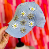 Daisy Bejeweled Bling Glitz Cap - Sky Blue