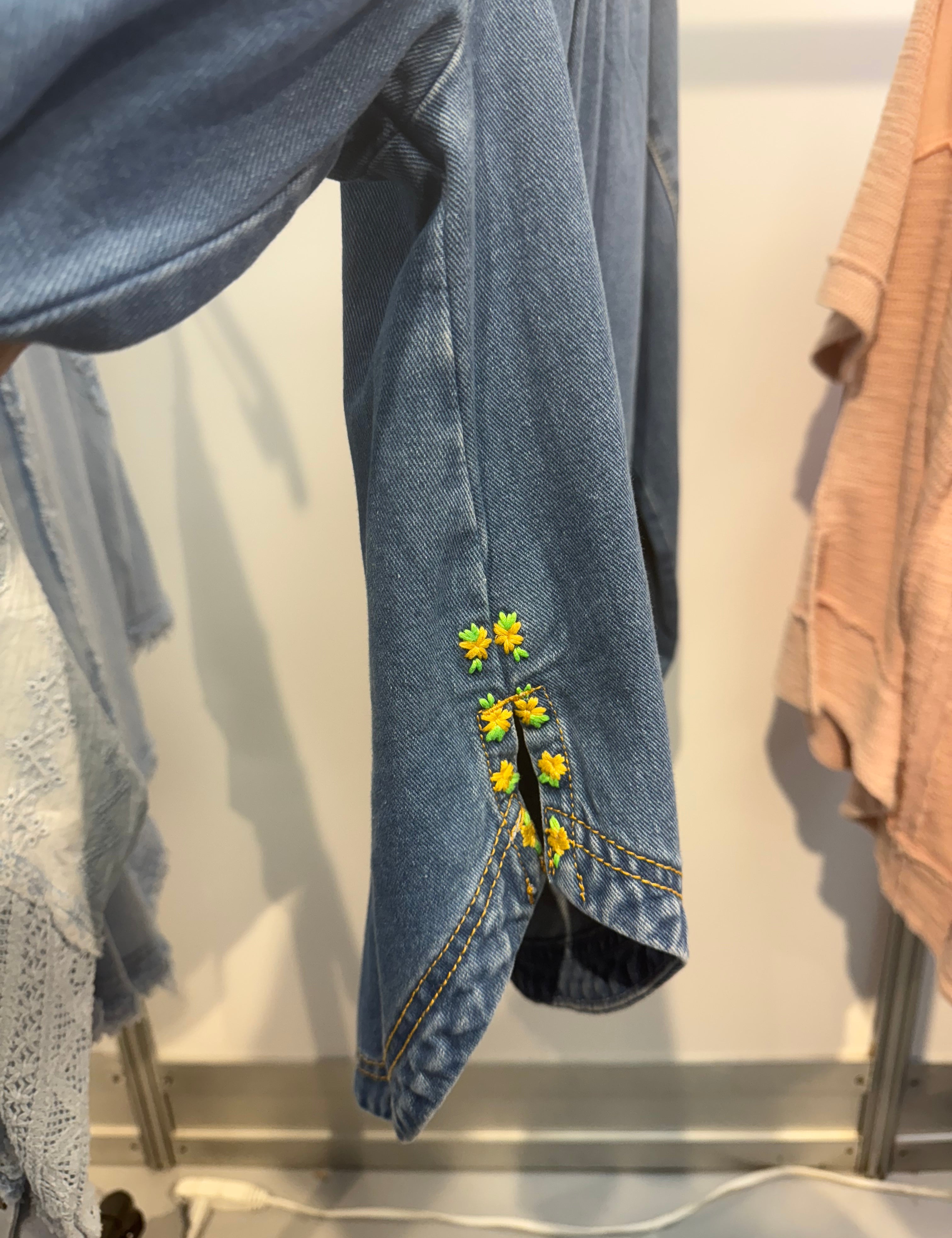 Washed Button Front Pintuck Denim Shirt