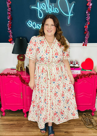 Printed Floral V-Neck Midi Dress