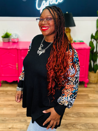 Black Top with Watercolor Animal Print Sleeves