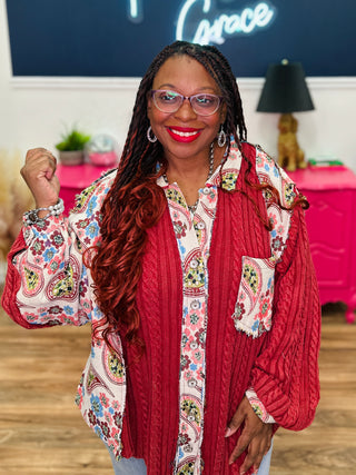 POL Balloon Sleeve A-Line Fit Top - Red Multi