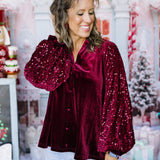 Burgundy Velvet Top With Sequin Sleeves
