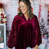 Burgundy Velvet Top With Sequin Sleeves