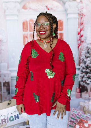 Red Sweater with Green Sequin Trees