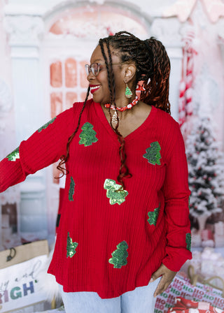 Red Sweater with Green Sequin Trees - HOLIDAY CHEER
