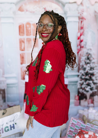 Red Sweater with Green Sequin Trees - HOLIDAY CHEER