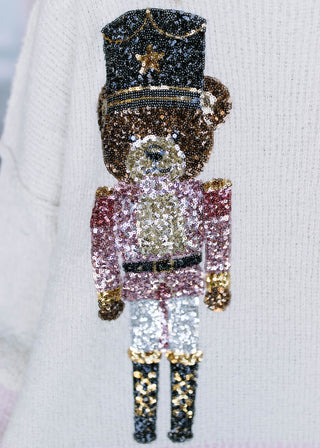 Noel Sequin Bear Nutcracker Ribbed Sweater