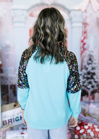 Merry Half Sequin Sleeve Top - Aqua