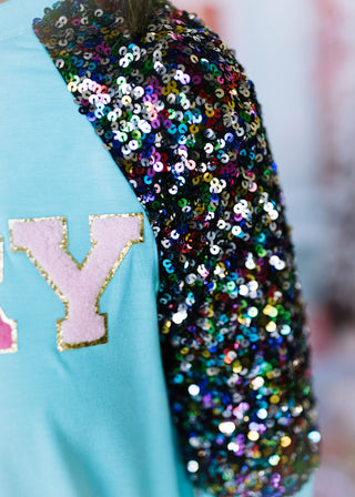 Merry Half Sequin Sleeve Top - Aqua