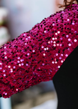 Merry Half Sequin Sleeve Top - Black