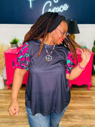 Rosaline Noir Floral Short Puff Sleeve Top - FINAL SALE