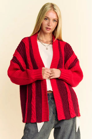 Chunky Rope Textured Color Blocked Knit Cardigan  - PREORDER