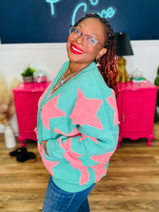 Fuzzy Knit Button Down Star Cardigan