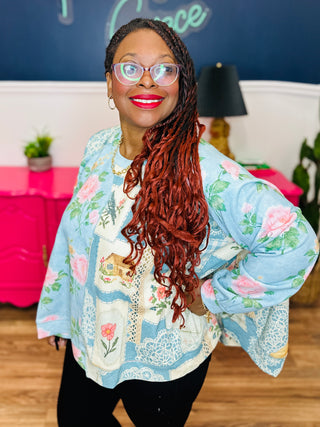 Loose Fitting Long Sleeve Floral Pattern Blouse