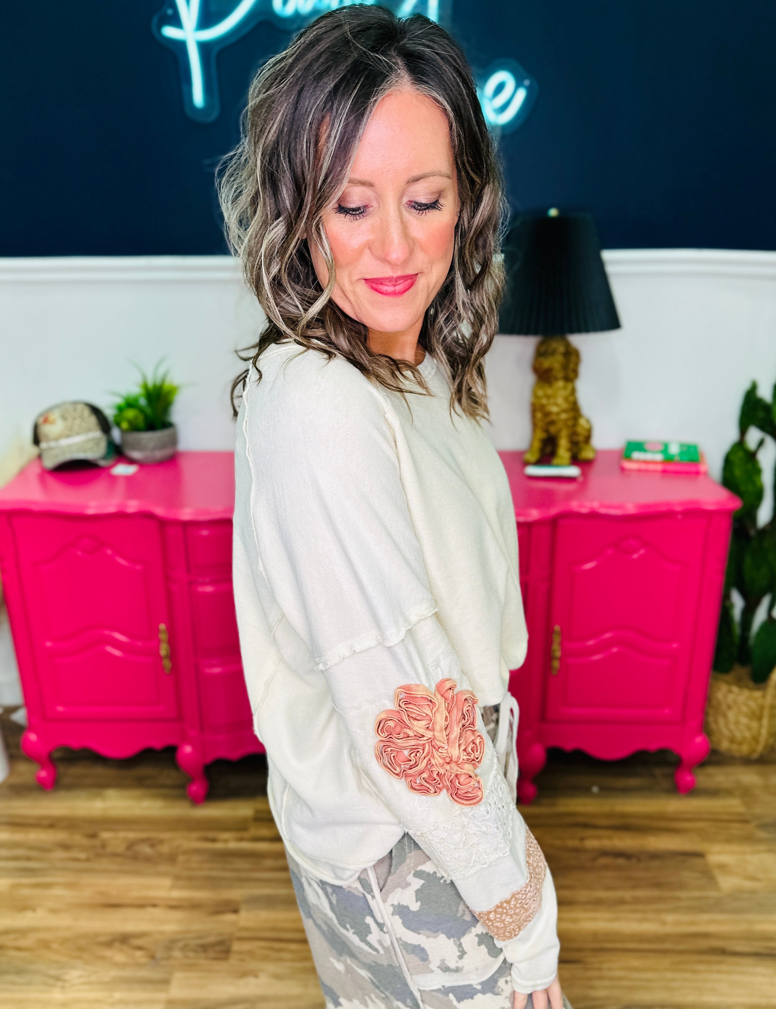 Beige Lace Patchwork Floral Sleeve Top - FINAL SALE