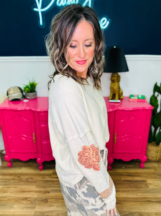 Beige Lace Patchwork Floral Sleeve Top