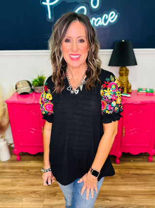 Black V-Neck Top Floral Embroidered Puff Sleeves