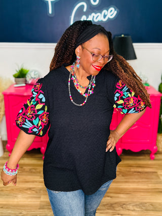 V-Neck Multi Embroidered Puff Sleeve Top