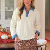 PREORDER - Denim Trim Knit Sweater - Cream