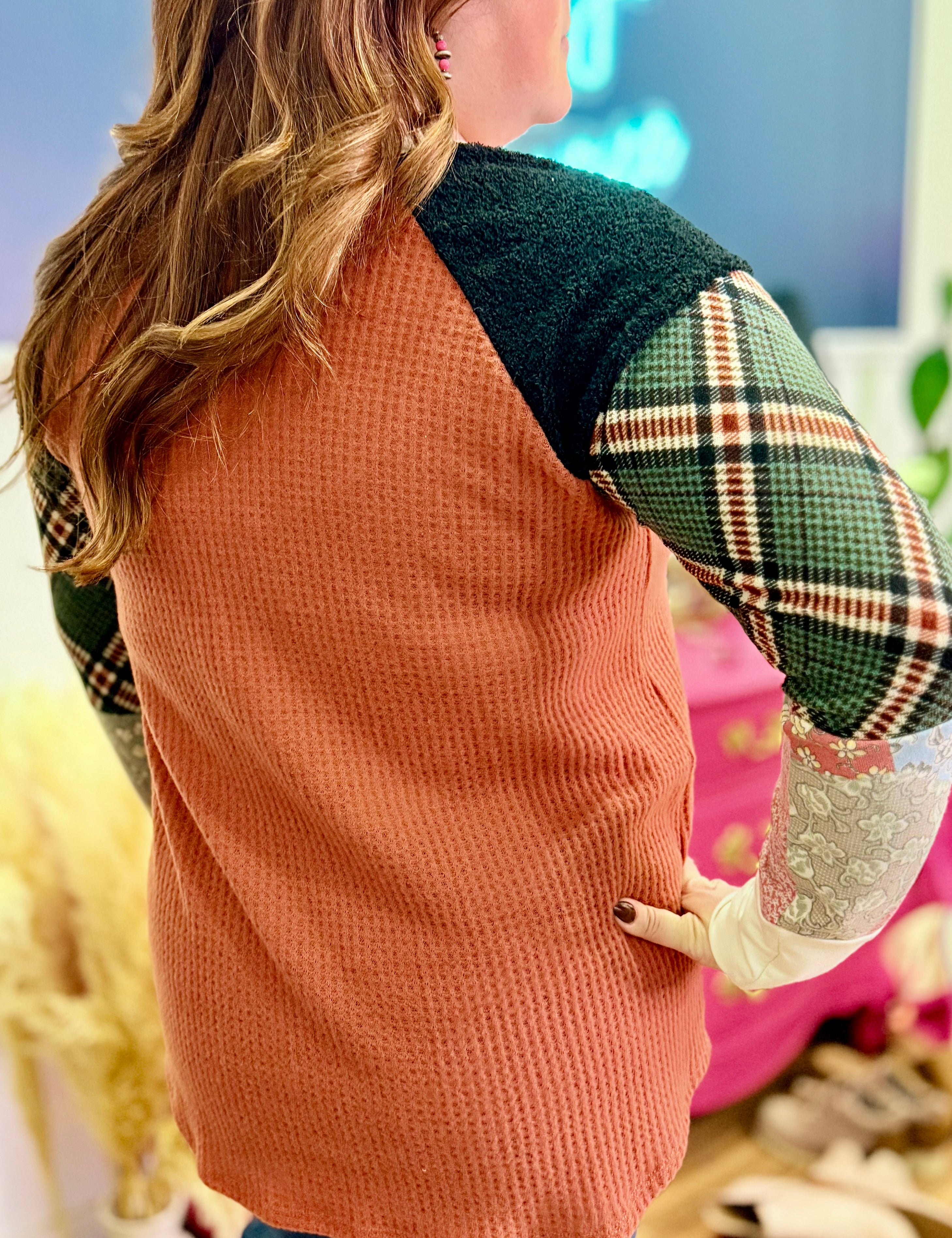 Rust Waffle Knit Long Sleeve Multi Print Top - LAST ONES FINAL SALE