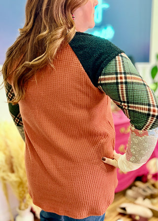 Rust Waffle Knit Long Sleeve Multi Print Top