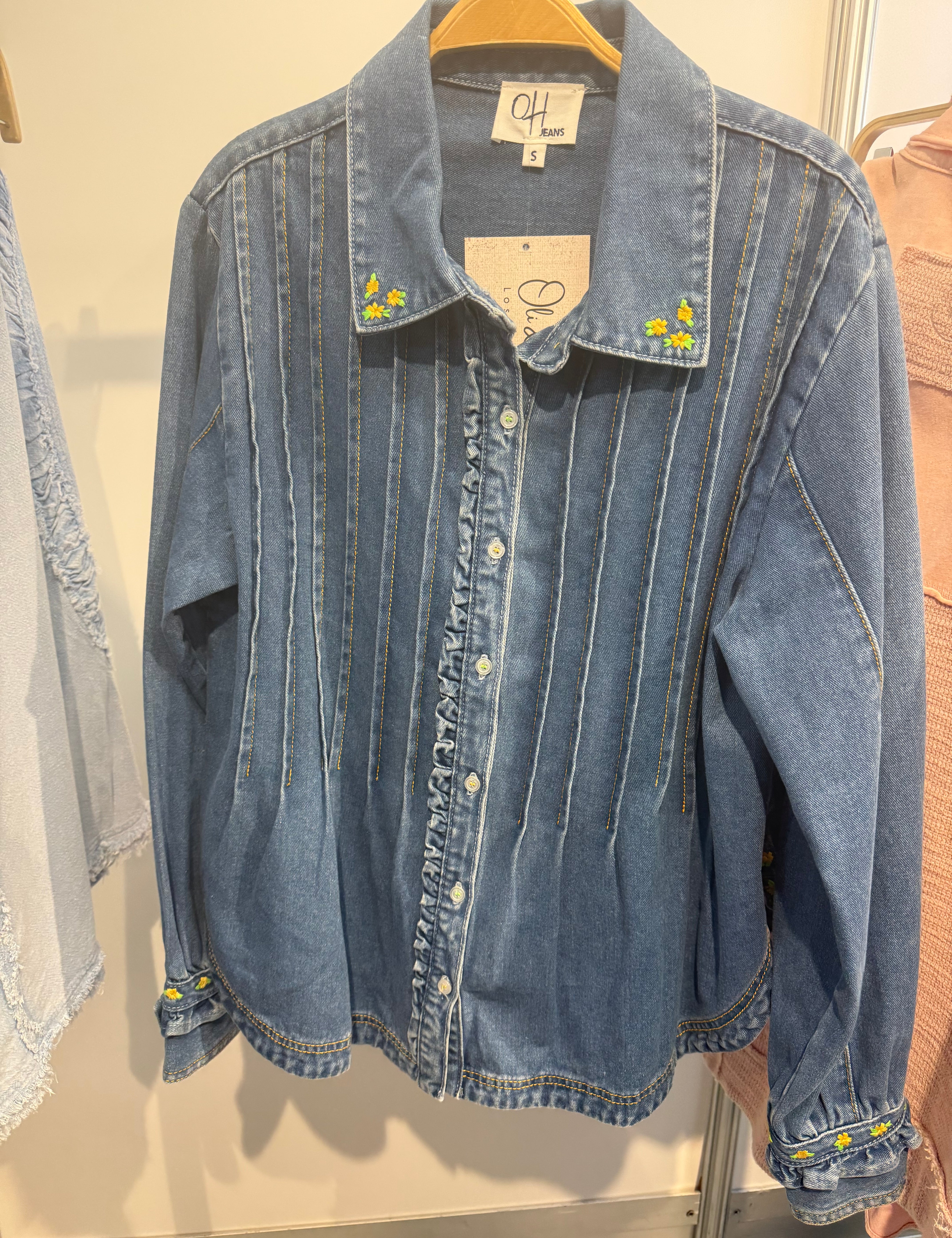 Washed Button Front Pintuck Denim Shirt