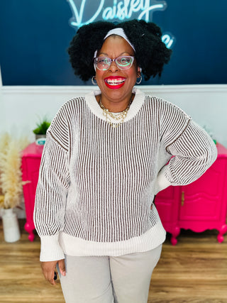 Sorenna Two Tone Crewneck Sweater - Brown - HOLIDAY CHEER