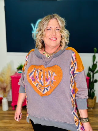 Washed Love Heart Patchwork Pullover Top