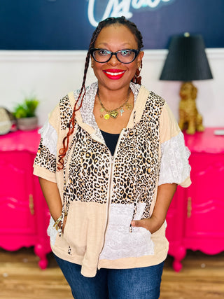 POL Oversized 3/4 Sleeve Leopard Print Hoodie