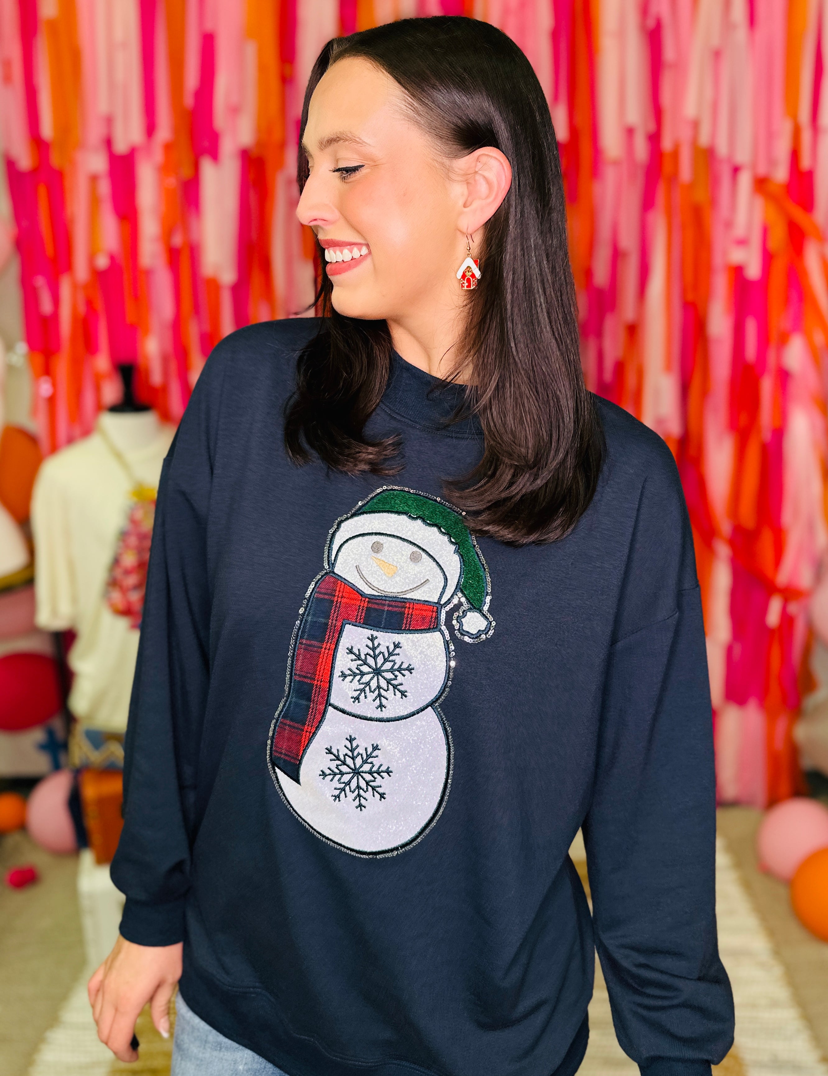 Glitter Snowman on Navy Mock Neck Top  - PREORDER