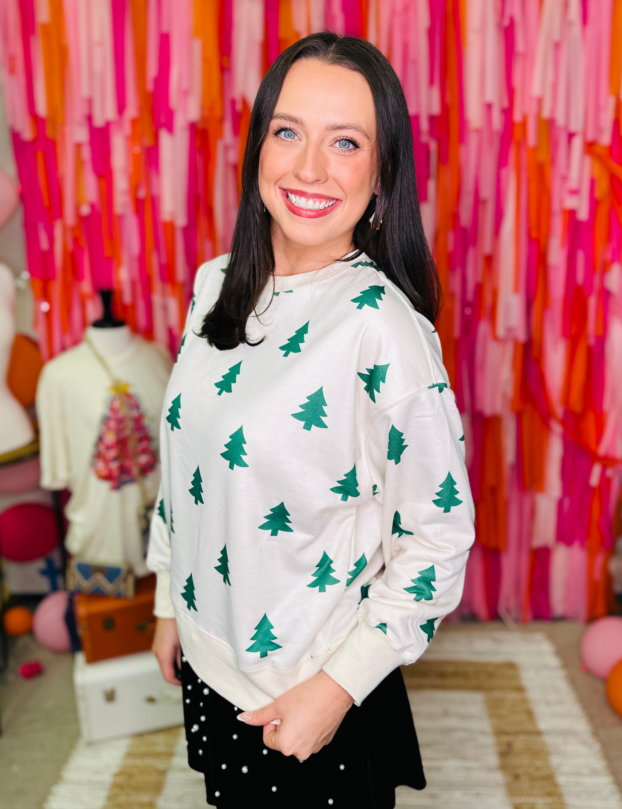 Green trees on Beige Long Sleeve Top  - PREORDER