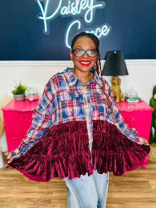 Velvet Ruffle Hem Bleached Plaid Shirt