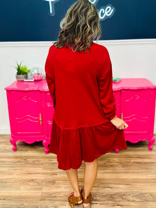 Waffle Knit Long Sleeve Dress - Red