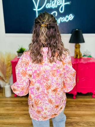 Quinn Pink and Rust Floral Print Puff Sleeve Top